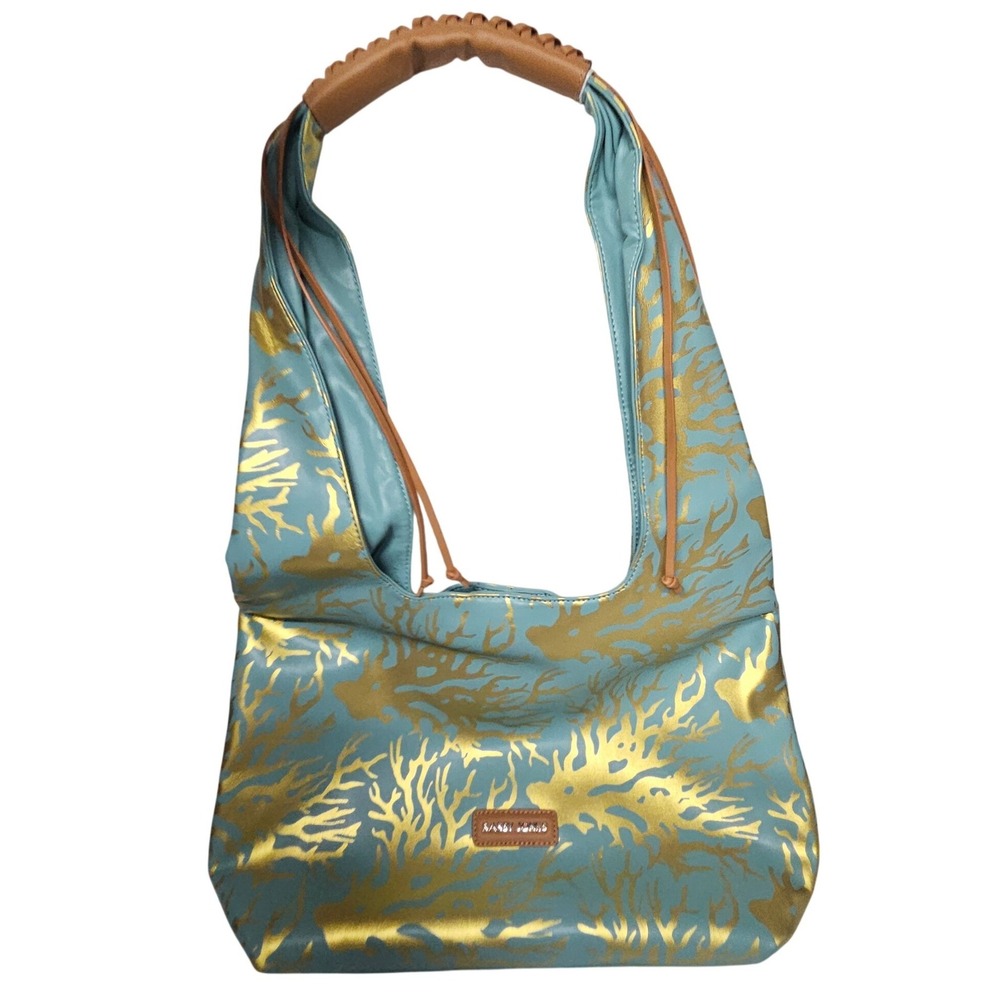 Sassy Jones Hobo Bag Aqua Blue Gold Metallic Coral Print Braided Handle Large